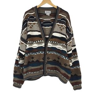 Tosani Vintage Chunky Knit Cardigan Sweater XL Multi Color Geometric Coogi Style